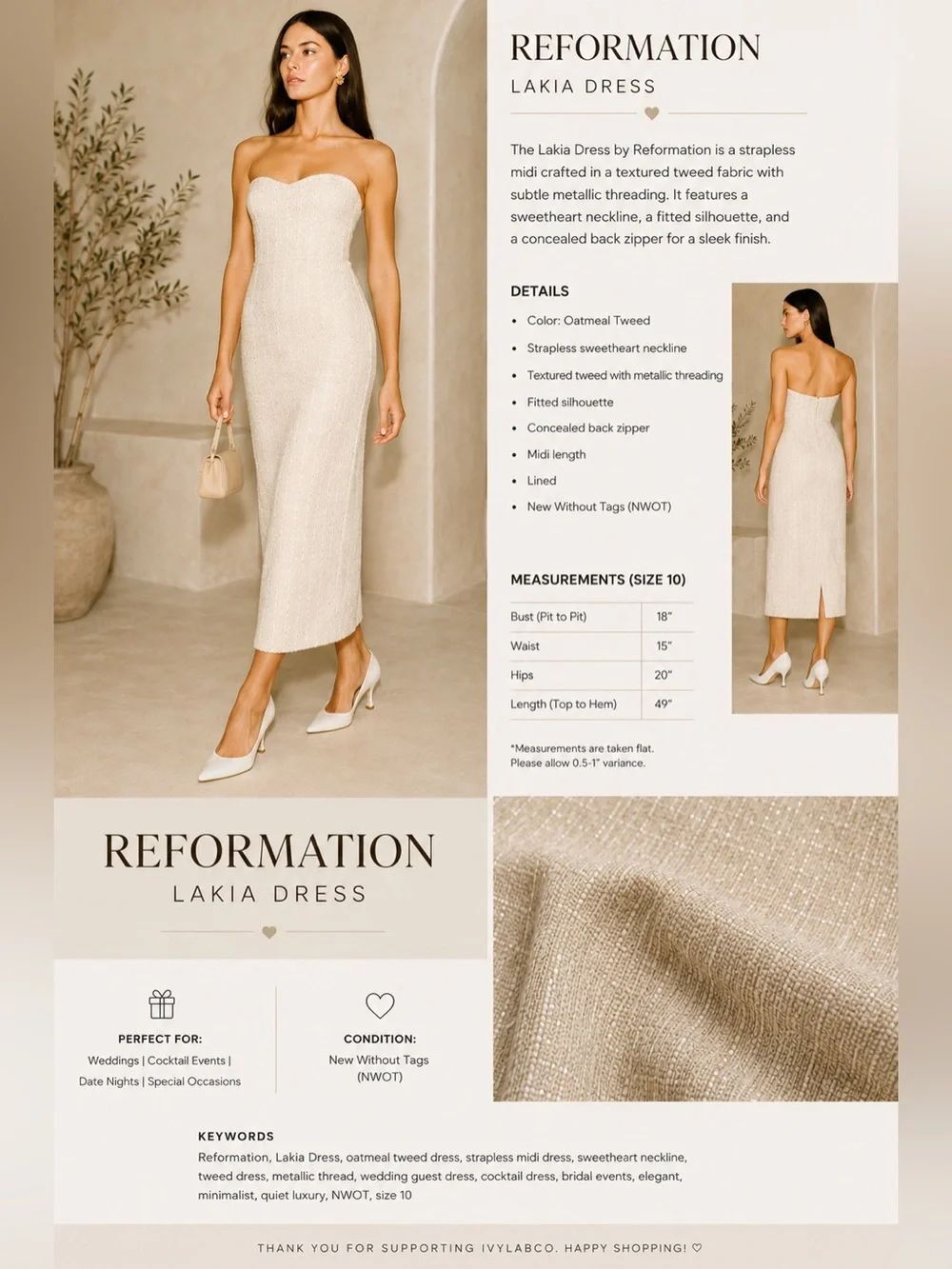 Reformation Lakia Tweed Metallic Midi Dress Oatmeal NWOT Size 10 DL3